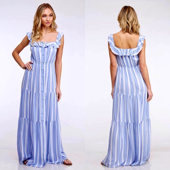 1 L LEFT Blue White Striped Button Down Ruffled Maxi Dress - Picture 11 of 11